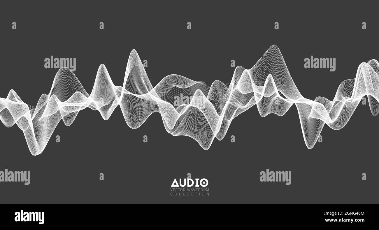 3d audio soundwave. White music pulse oscillation. Glowing impulse pattern Stock Vector
