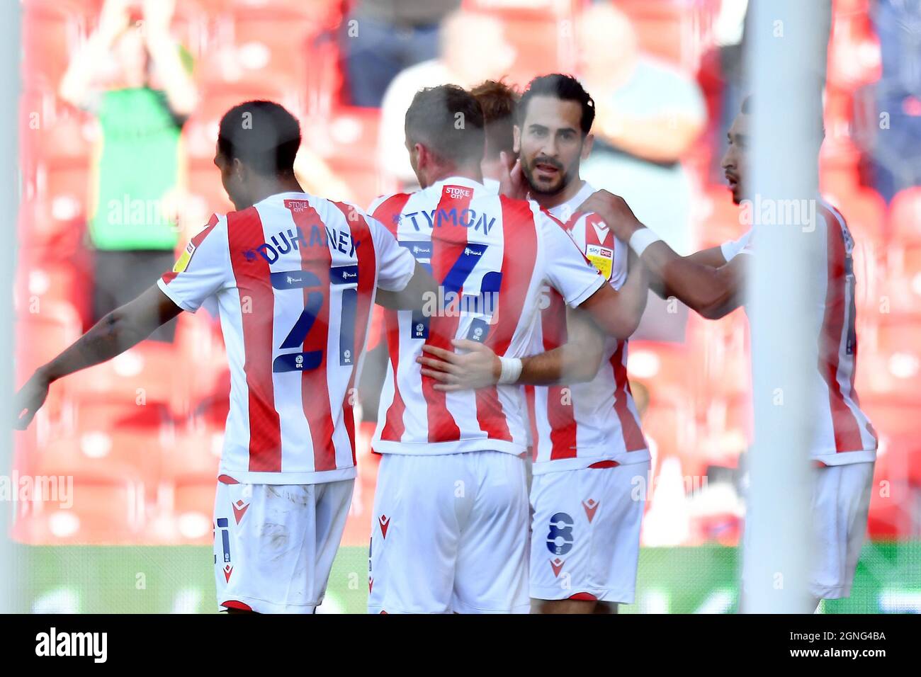 EDITORS NOTE - RESUBMITTING CORRECTING PLAYER ID. Stoke City's Mario Vrancic (second right) celebrates scoring his side's first goal of the game during the Sky Bet Championship match at the bet365 Stadium, Stoke. Picture date: Saturday September 25, 2021. Stock Photo