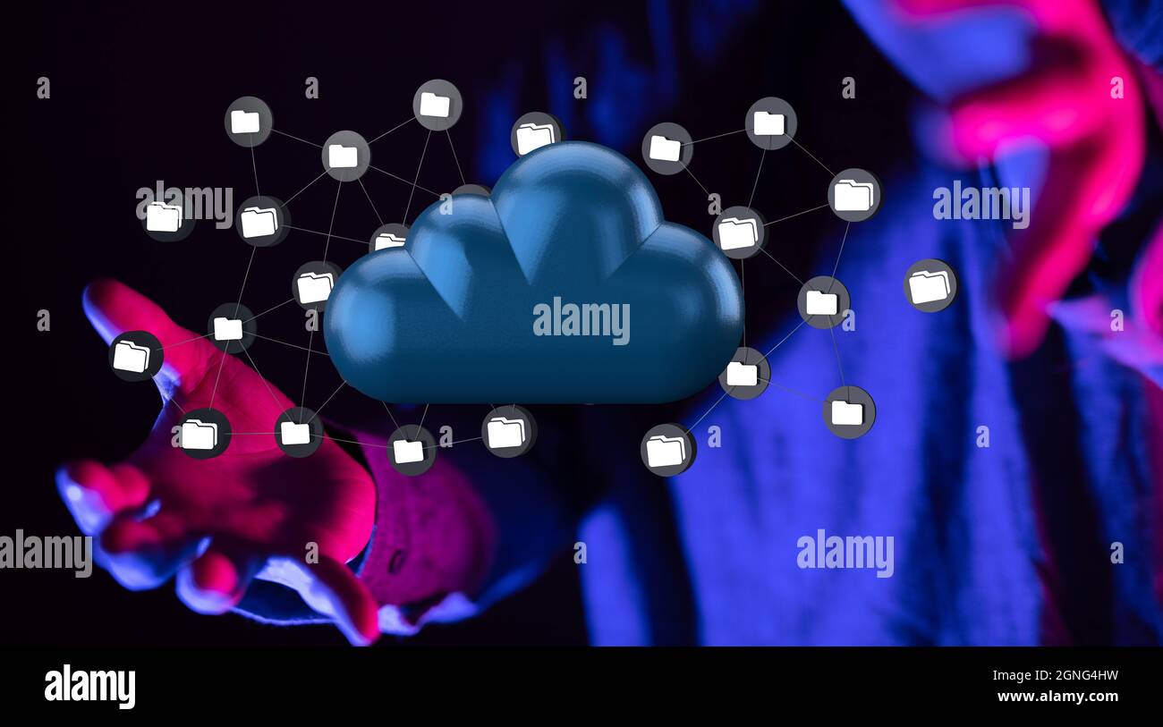 3d rendering of connected folder icons and a cloud hovering between man ...