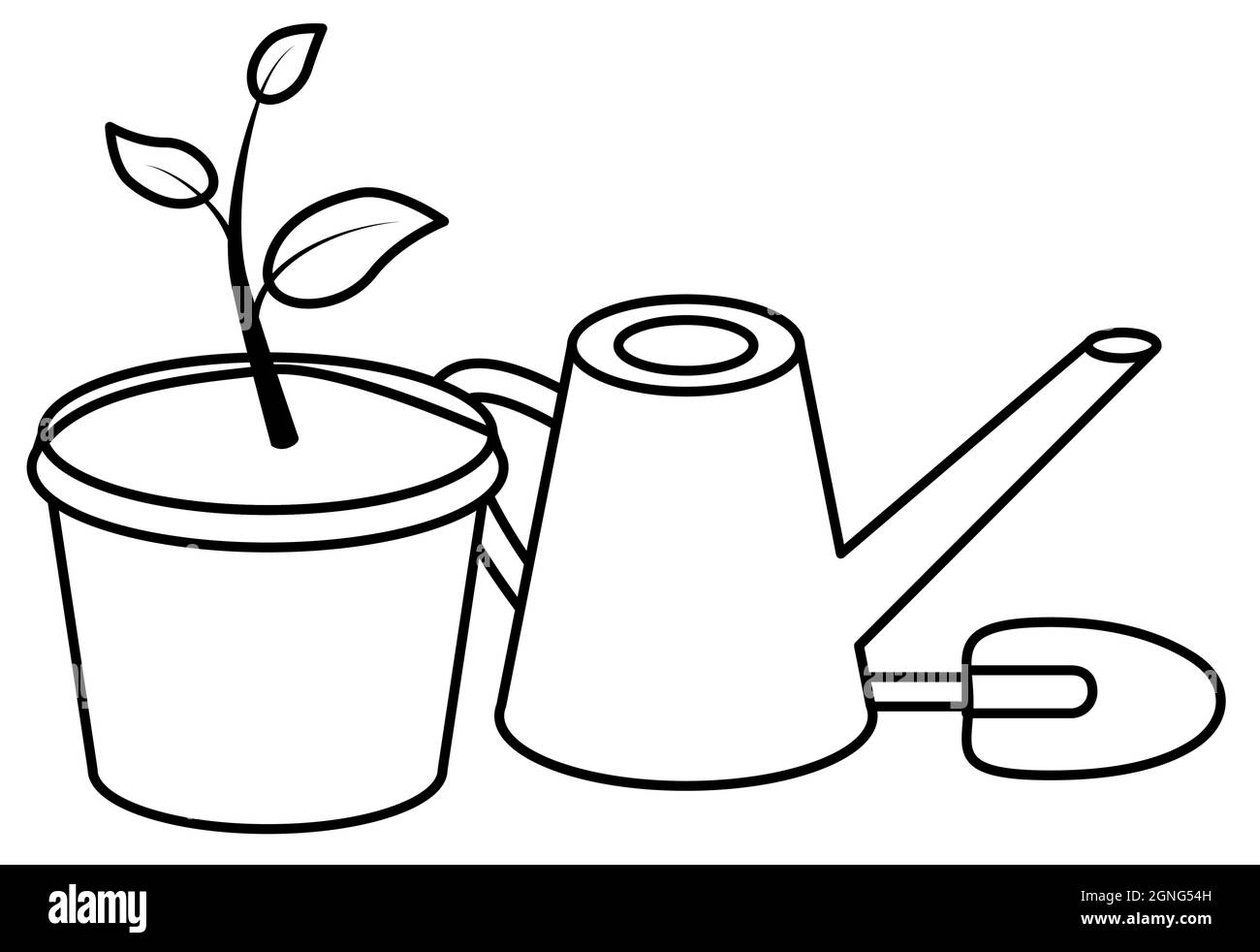 Seedling vector black line illustration of home plant in pot with watering can and small shovel isolated on white. Stock Vector
