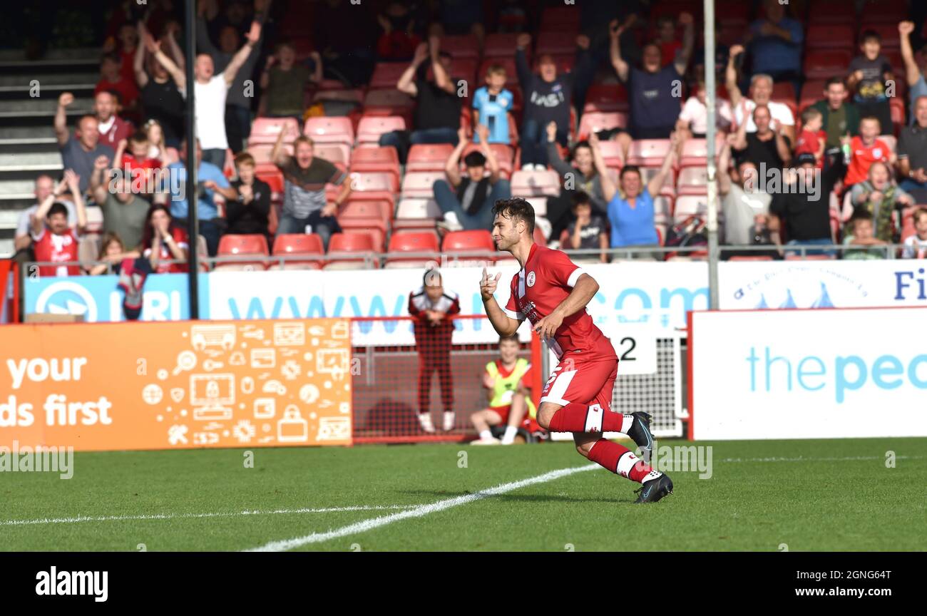 Crawley Sussex UK 25th September 2021 - Nicholas Tsaroulla of Crawley starts to celebrate after scoring their second goal during the Sky Bet League Two match between Crawley Town and Bradford City at the People's Pension Stadium  : Credit Simon Dack /TPI/ Alamy Live News Stock Photo