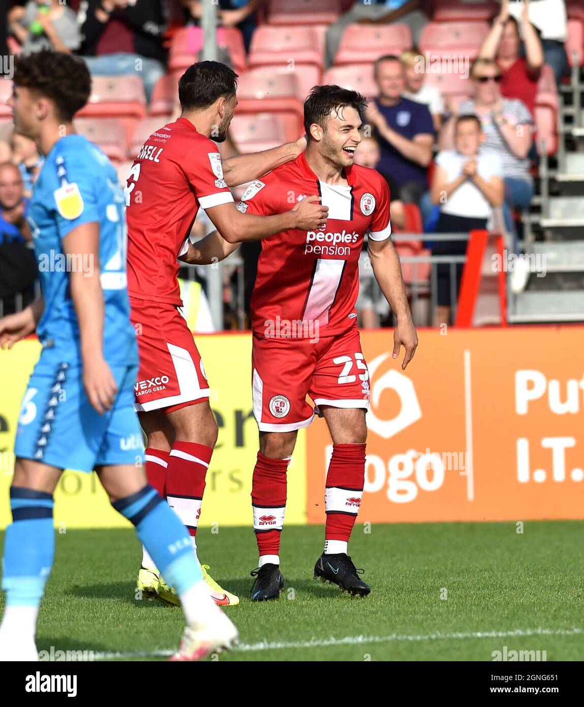 Crawley Sussex UK 25th September 2021 - Nicholas Tsaroulla of Crawley celebrates after scoring their second goal during the Sky Bet League Two match between Crawley Town and Bradford City at the People's Pension Stadium  : Credit Simon Dack /TPI/ Alamy Live News Stock Photo