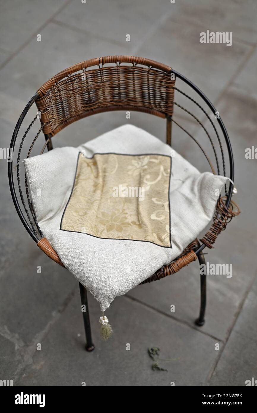 Metal and rattan Chinese circle chairwhite cushionShuyuanmen