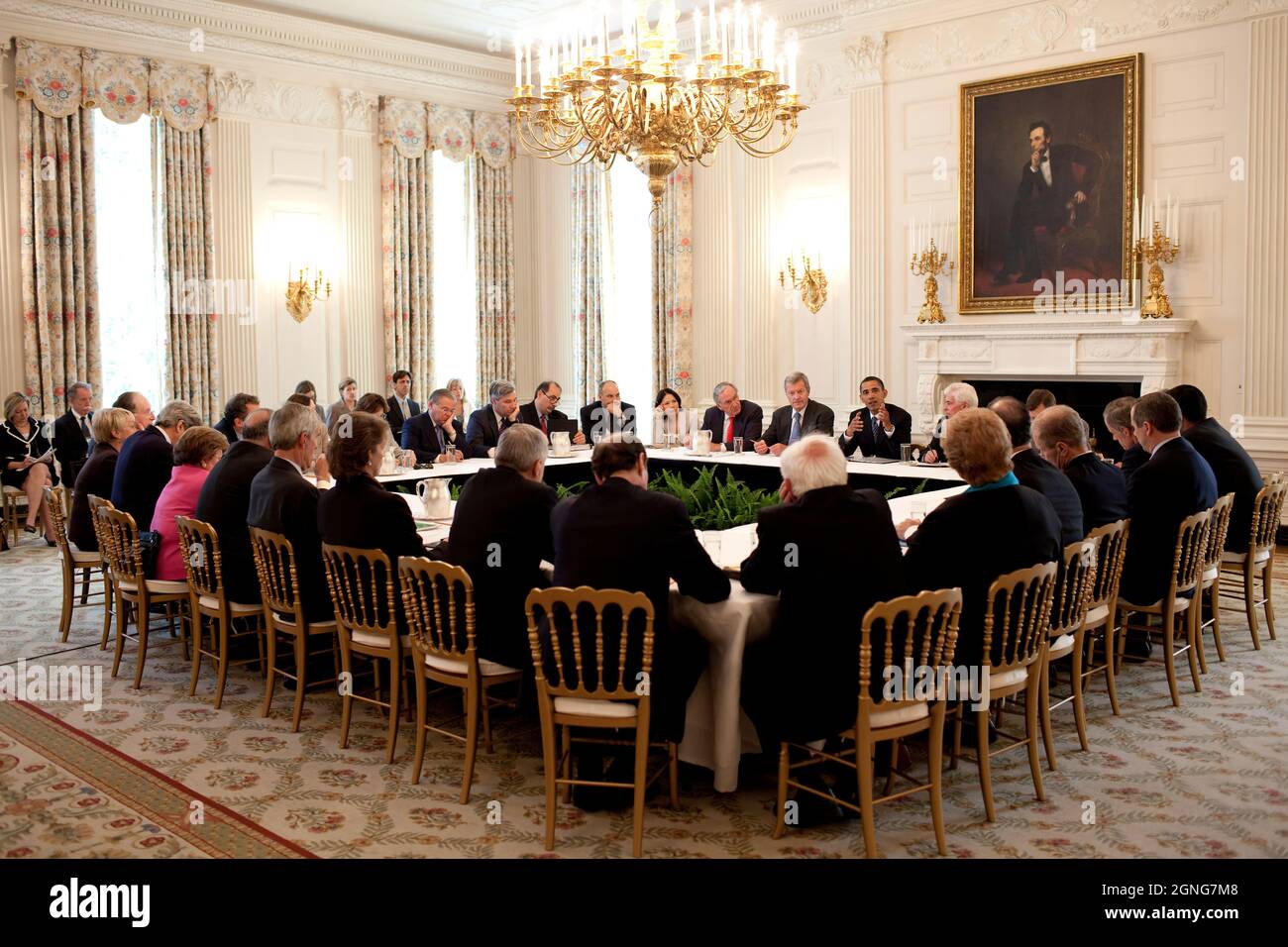 President Barack Obama hosts a meeting with Senate Democrats in the State Dining Room of the White House, June 2, 2009. (Official White House Photo by Pete Souza) This official White House photograph is being made available for publication by news organizations and/or for personal use printing by the subject(s) of the photograph. The photograph may not be manipulated in any way or used in materials, advertisements, products, or promotions that in any way suggest approval or endorsement of the President, the First Family, or the White House. Stock Photo
