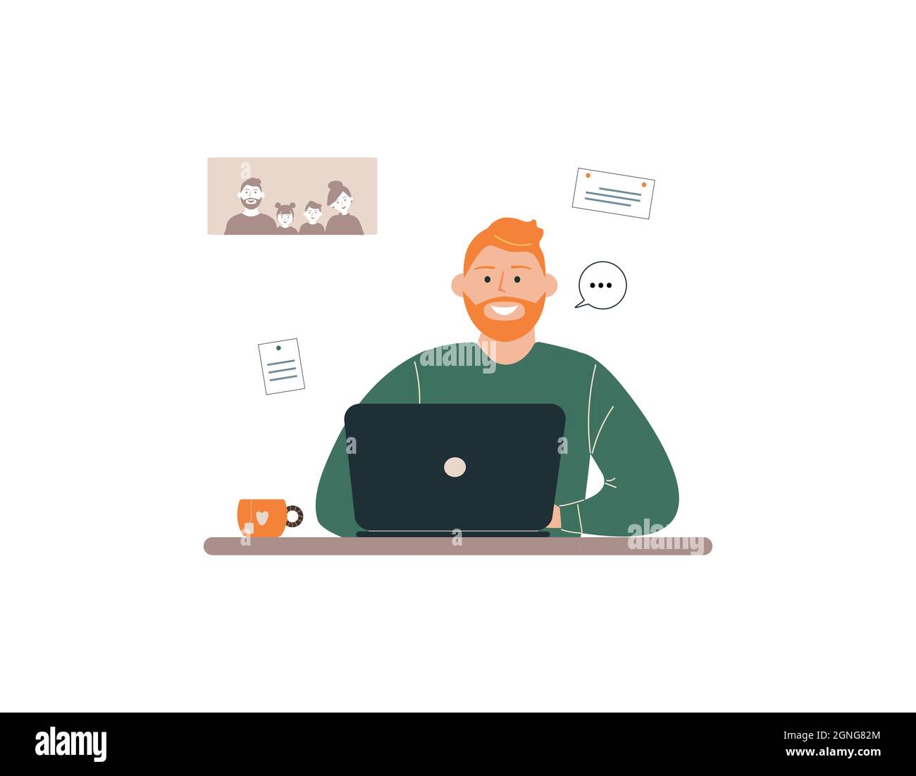 Red-haired man tutor work on laptop.Remote work, distance E-learning or online training during virus epidemic.Busy guy trainer or coach Stock Vector