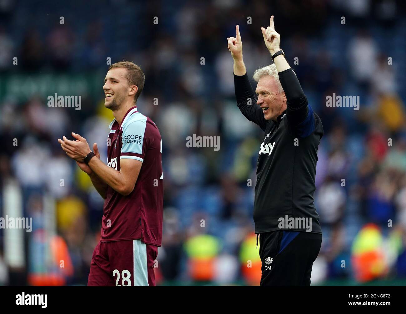 West Ham United manager David Moyes celebrates at the final whistle following the Premier League match at Elland Road, Leeds. Picture date: Saturday September 25, 2021. Stock Photo
