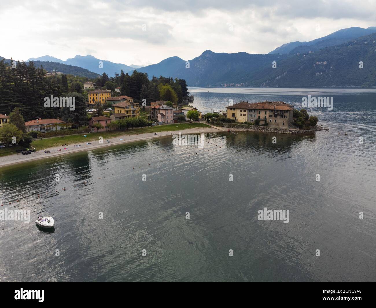 Aerial view beautiful panorama of Lake Como coastline, old little village, Lierna, Lombardy, Italy Stock Photo