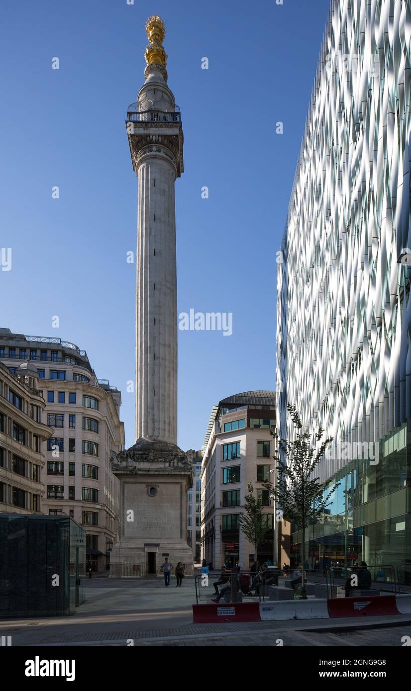 London, The Monument, erbaut 1671-77 von Christopher Wren und Robert Hooke in Form einer 61 m hohen dorischen Säule zum Gedenken an die Feuersbrunst 1 Stock Photo