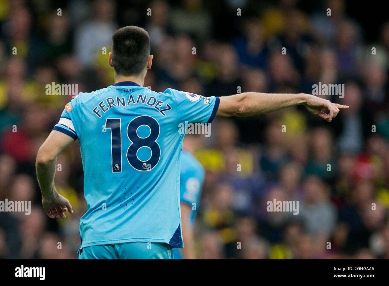WATFORD, UK. SEPT 25TH Federico Fernandez of Newcastle points during the Premier League match between Watford and Newcastle United at Vicarage Road, Watford on Saturday 25th September 2021. (Credit: Federico Maranesi | MI News) Credit: MI News & Sport /Alamy Live News Stock Photo