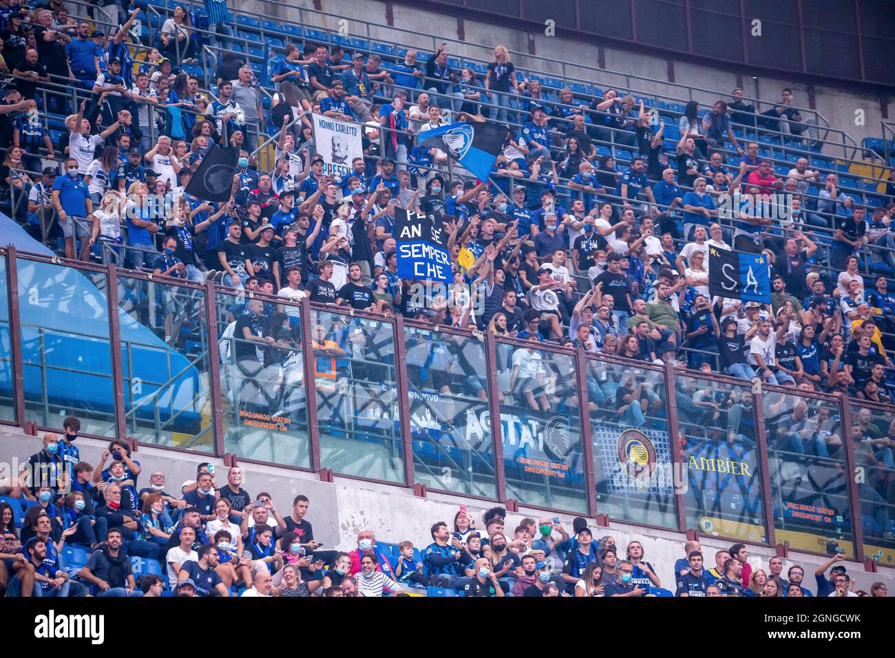 Milan, Italy - september 25 2021 - Serie A match F.C. Internazionale - Atalanta BC San Siro stadium - atalanta supporters in milan Stock Photo