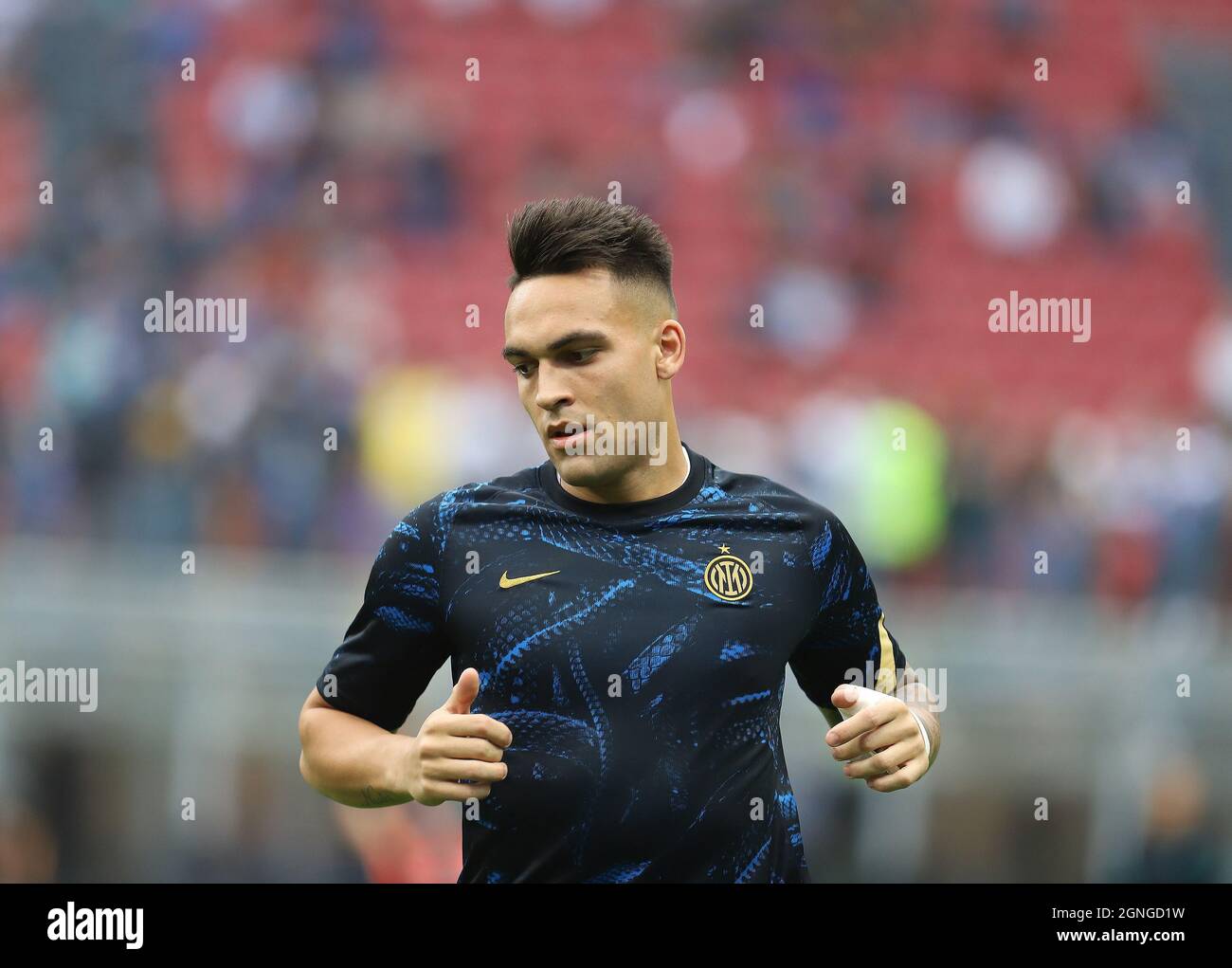 MILAN ITALY- September 26  Giuseppe Meazza  Lautaro Martinez FC Inter, Before the Match between Fc Inter and Atalanta BC at Stadio Giuseppe Meazza on September 26, 2021 in Milan, Italy. Stock Photo