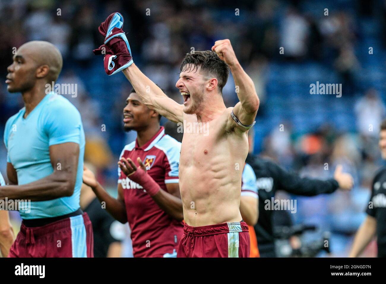 Declan Rice #41 of West Ham United takes his shirt off and shouts to ...