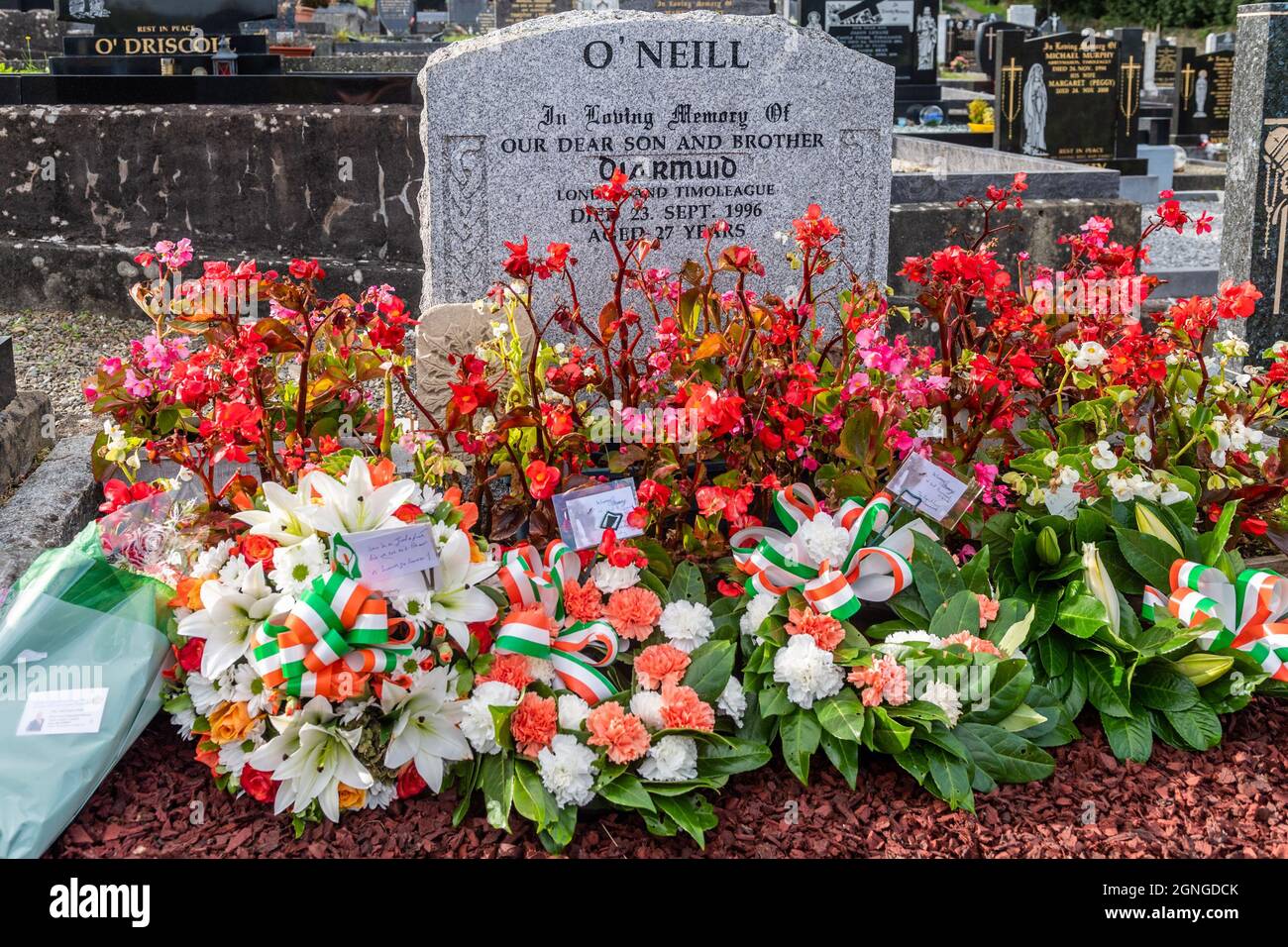 Timoleague, West Cork, Ireland. 25th Sep, 2021. The grave of IRA member Diarmuid O'Neill, who was shot and killed by the Metropolitan Police on 23rd September, 1996, is covered with flowers and wreaths on the eve of the official 25th anniversary of O'Neill's death. Former Republican prisoner, hunger striker and Sinn Féin TD, Martin Ferris, will be the guest speaker at tomorrow's event. Credit: AG News/Alamy Live News Stock Photo