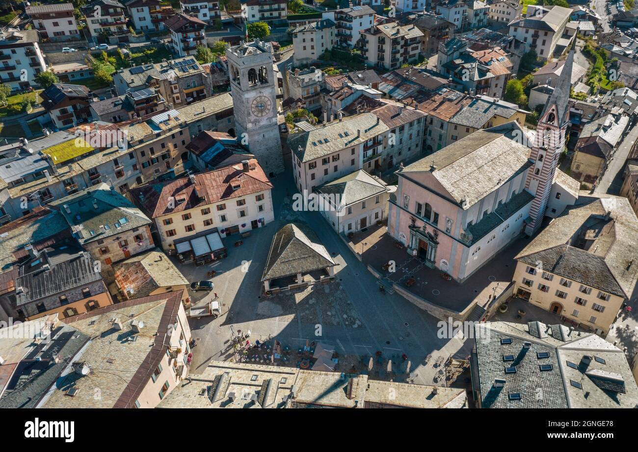 Village of Bormio, Kuerc square. Italian Alps Stock Photo