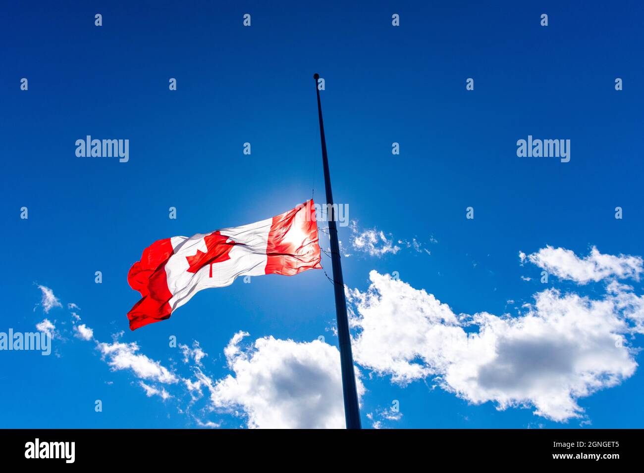 A Canadian flag flies at half staff in honour of indigenous residential school survivors. Stock Photo