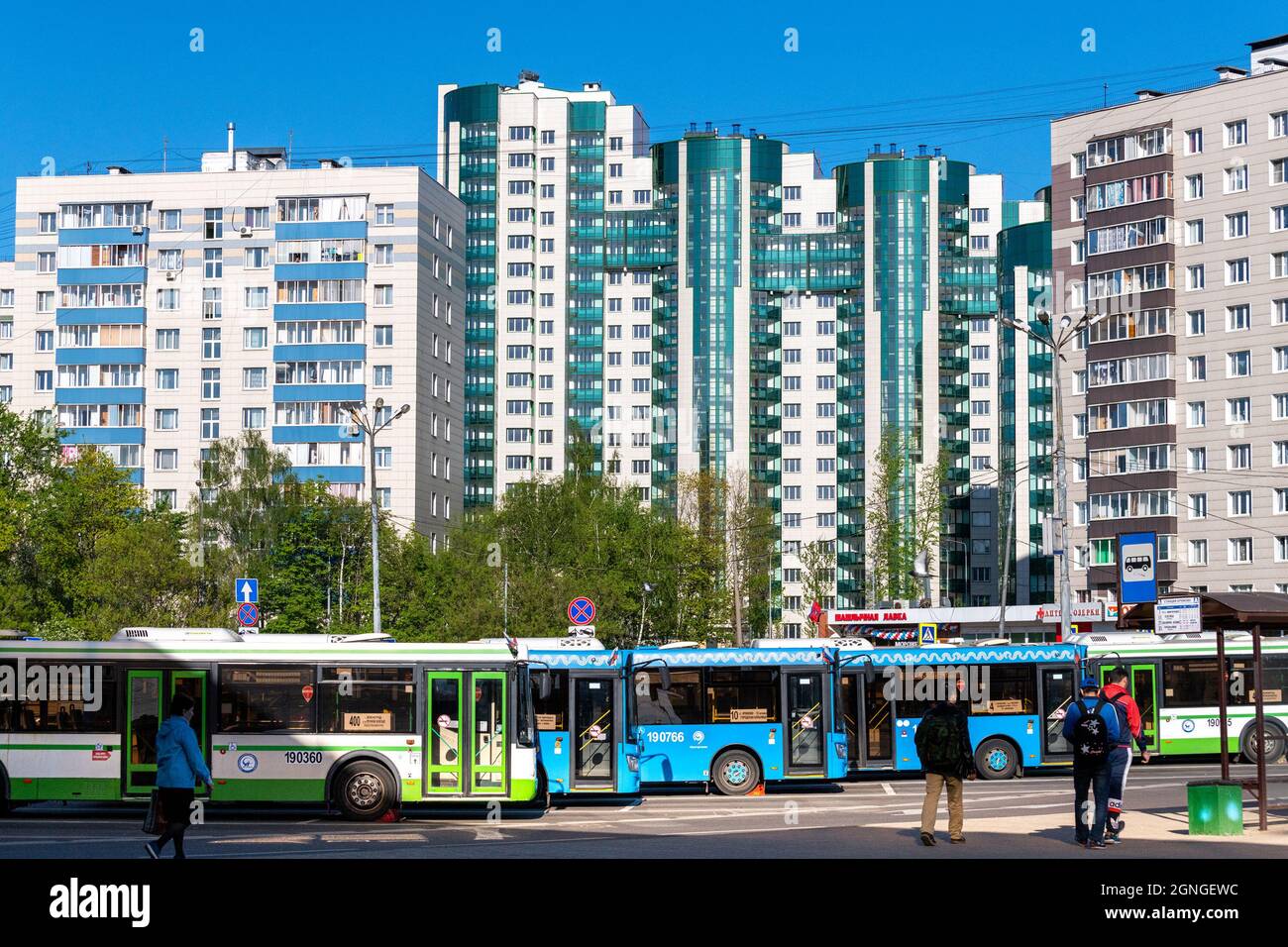 Moscow, Russia - May 9. 2018 - The Bus station on Kryukovskaya square in Zelenograd Stock Photo