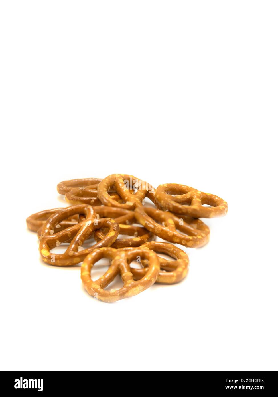 Salted mini pretzel snacks isolated on white background Stock Photo