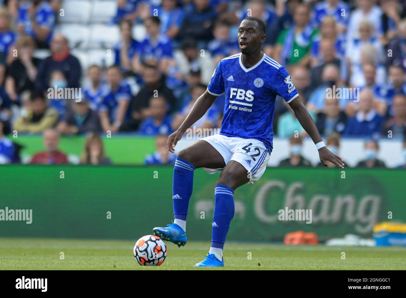 Leicester, UK. 25th Sep, 2021. Boubakary Soumare #42 of Leicester City controls the ball in Leicester, United Kingdom on 9/25/2021. (Photo by Simon Whitehead/News Images/Sipa USA) Credit: Sipa USA/Alamy Live News Stock Photo