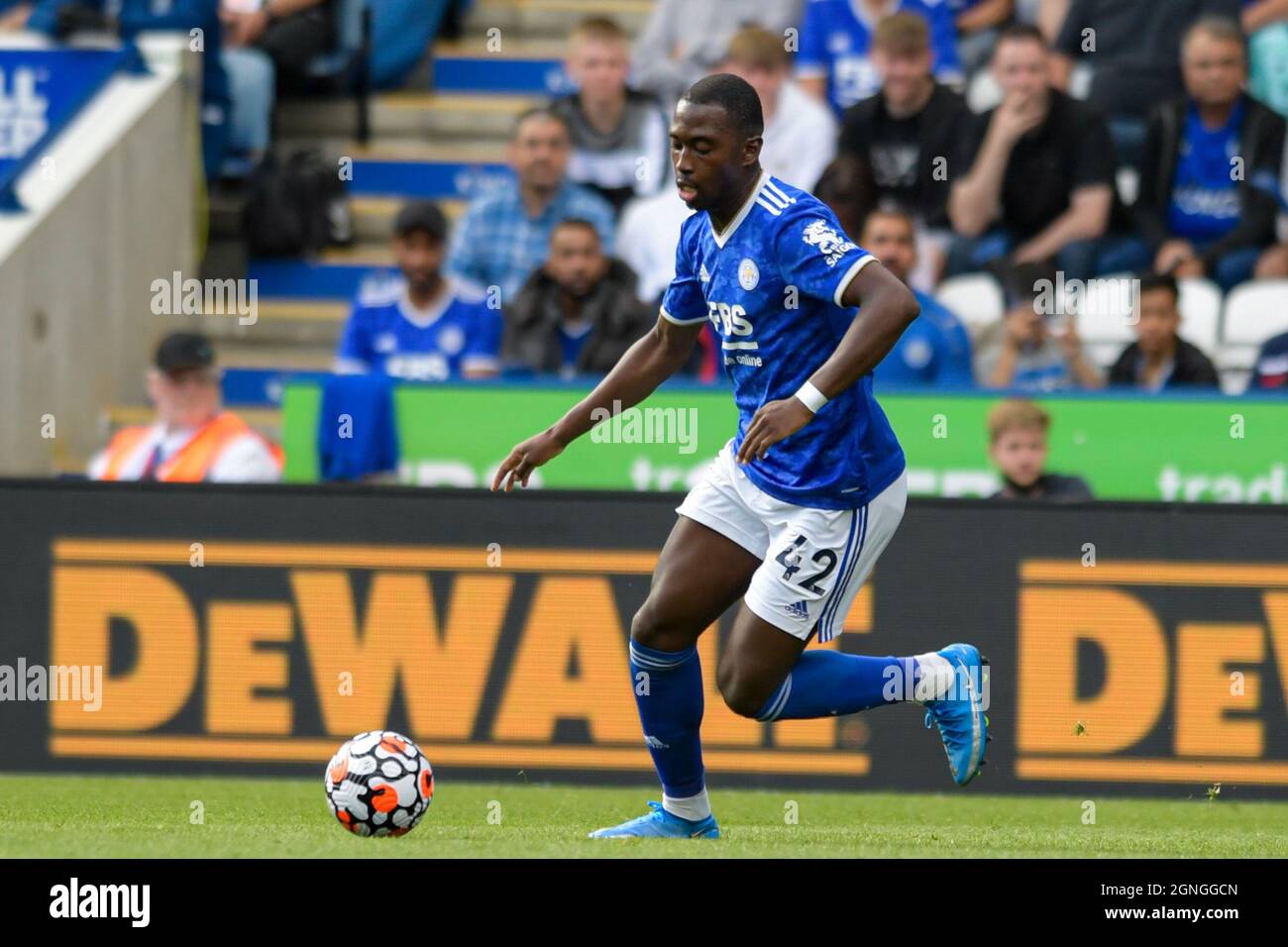 Leicester, UK. 25th Sep, 2021. Boubakary Soumare #42 of Leicester City runs with the ball in Leicester, United Kingdom on 9/25/2021. (Photo by Simon Whitehead/News Images/Sipa USA) Credit: Sipa USA/Alamy Live News Stock Photo
