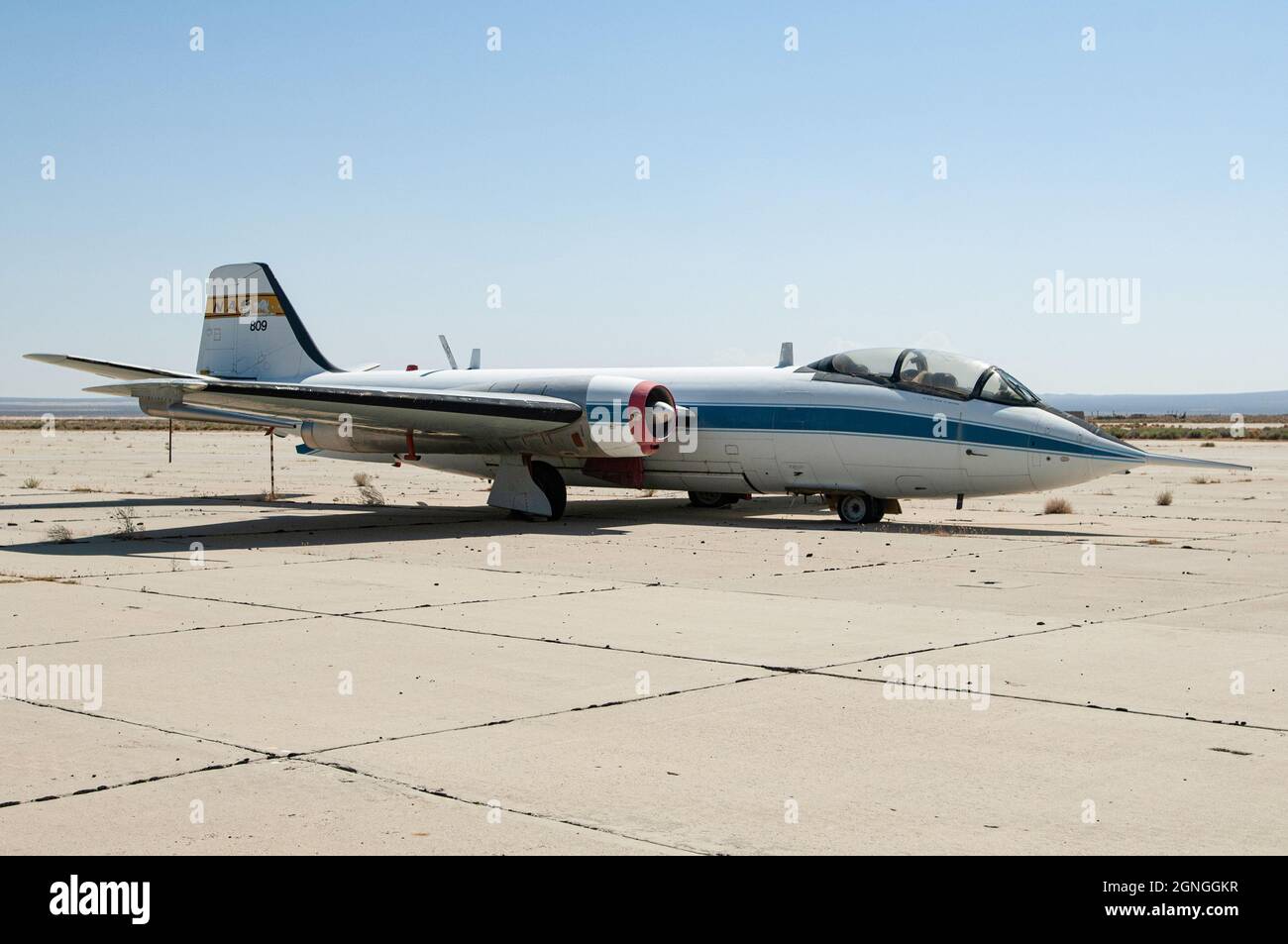 NASA B57 Canberra, T/N 809, sits on the tarmac at South Base, on Edwards Air Force Base, California. Stock Photo