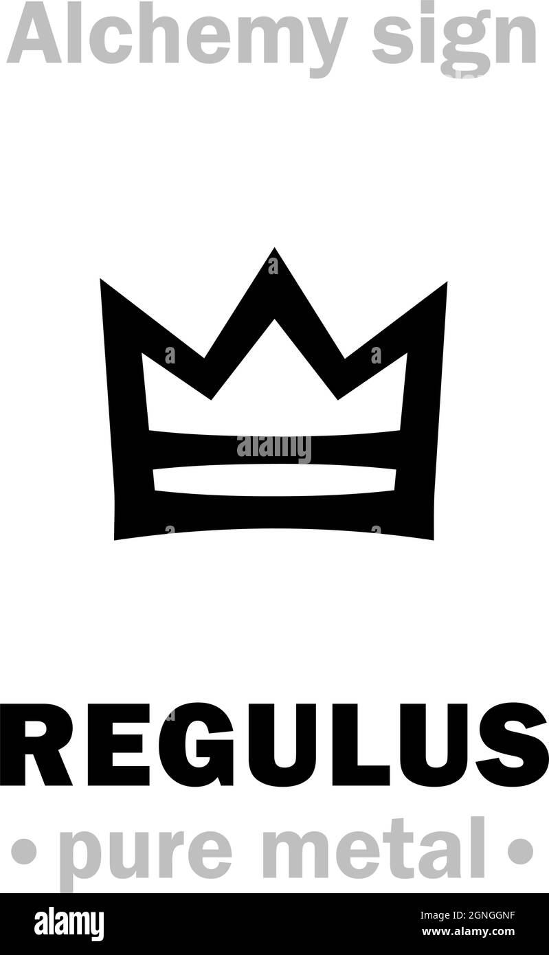 Alchemy Alphabet: REGULUS (Latin: “kinglet”) — pure form of metal refined from ore, end-product of metallic ore smelting (as opposed to impure ore). Stock Vector