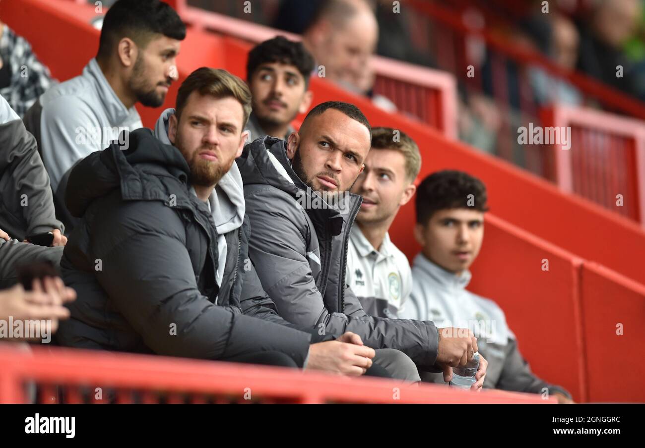 New signing Joel Lynch of Crawley watches from the stands during the Sky Bet League Two match between Crawley Town and Bradford City at the People's Pension Stadium  , Crawley ,  UK - 25th September 2021 Stock Photo