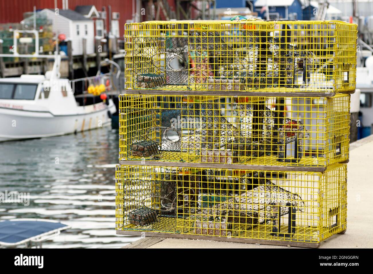 Lobster traps stacked on a wharf in Portland, Maine, USA Stock Photo