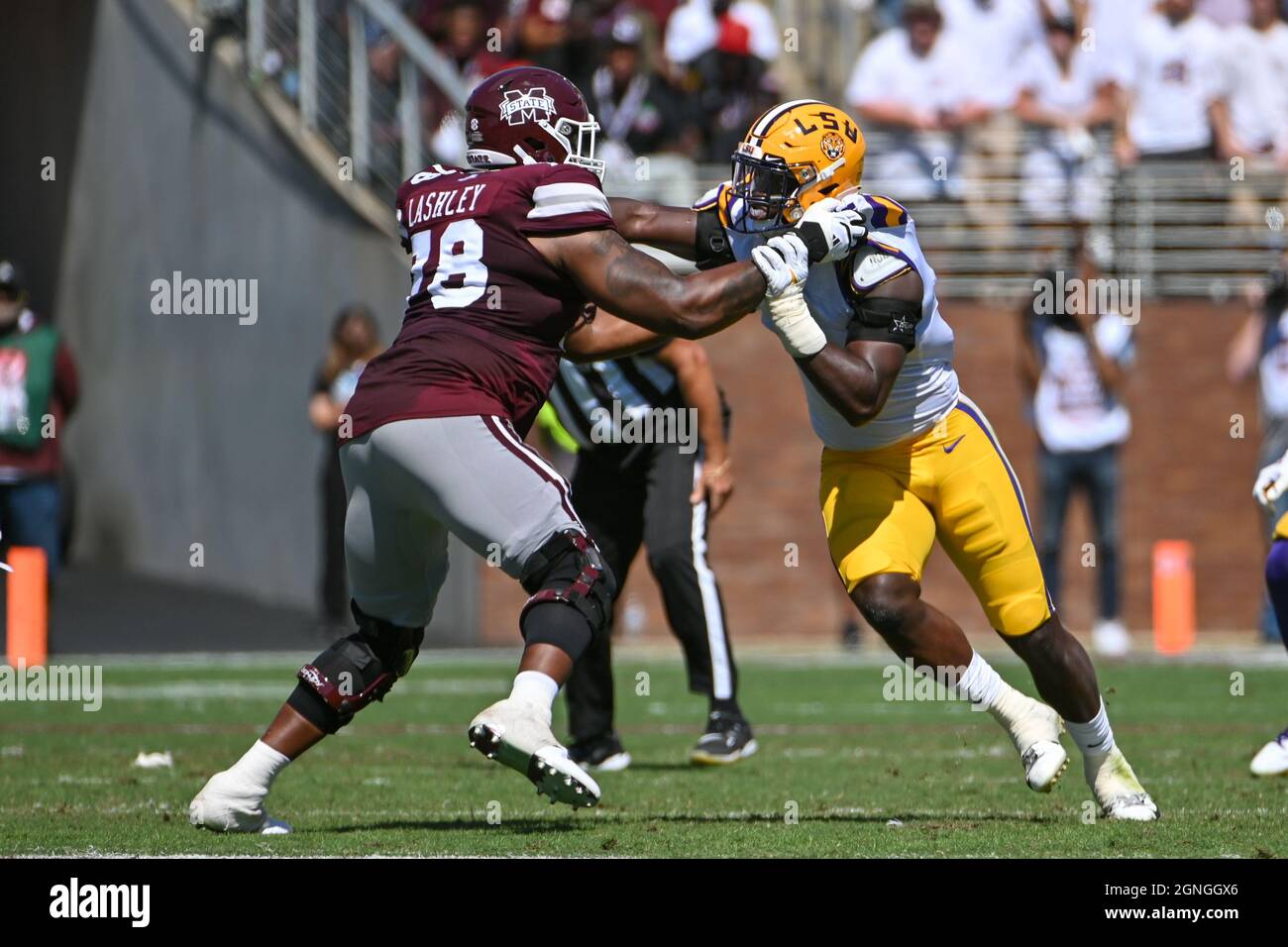 Starkville, MS, USA. 25th Sep, 2021. LSU Tigers defensive end Ali Gaye (11) ties up with Mississippi State Bulldogs offensive lineman Scott Lashley (78) during the NCAA football game between the LSU Tigers and the Mississippi State Bulldogs at Davis Wade Stadium in Starkville, MS. Kevin Langley/CSM/Alamy Live News Stock Photo