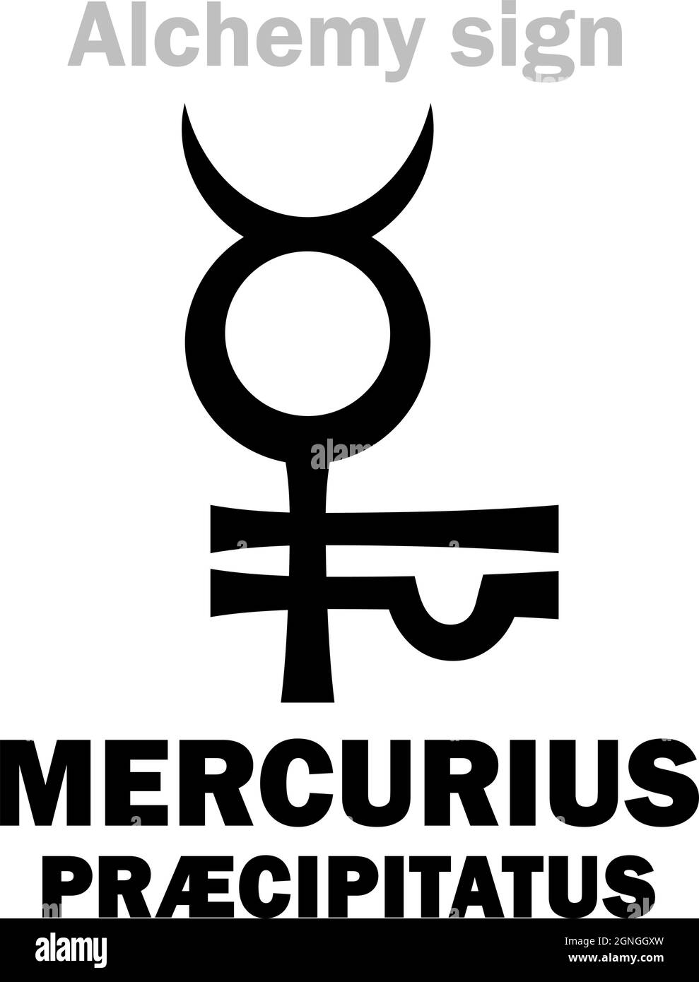 Alchemy Alphabet: PRECIPITATE of MERCURY (Mercurius præcipitatus), precipitate/compounds of Mercury, substance precipitated from solution: [Hg↓]. Stock Vector