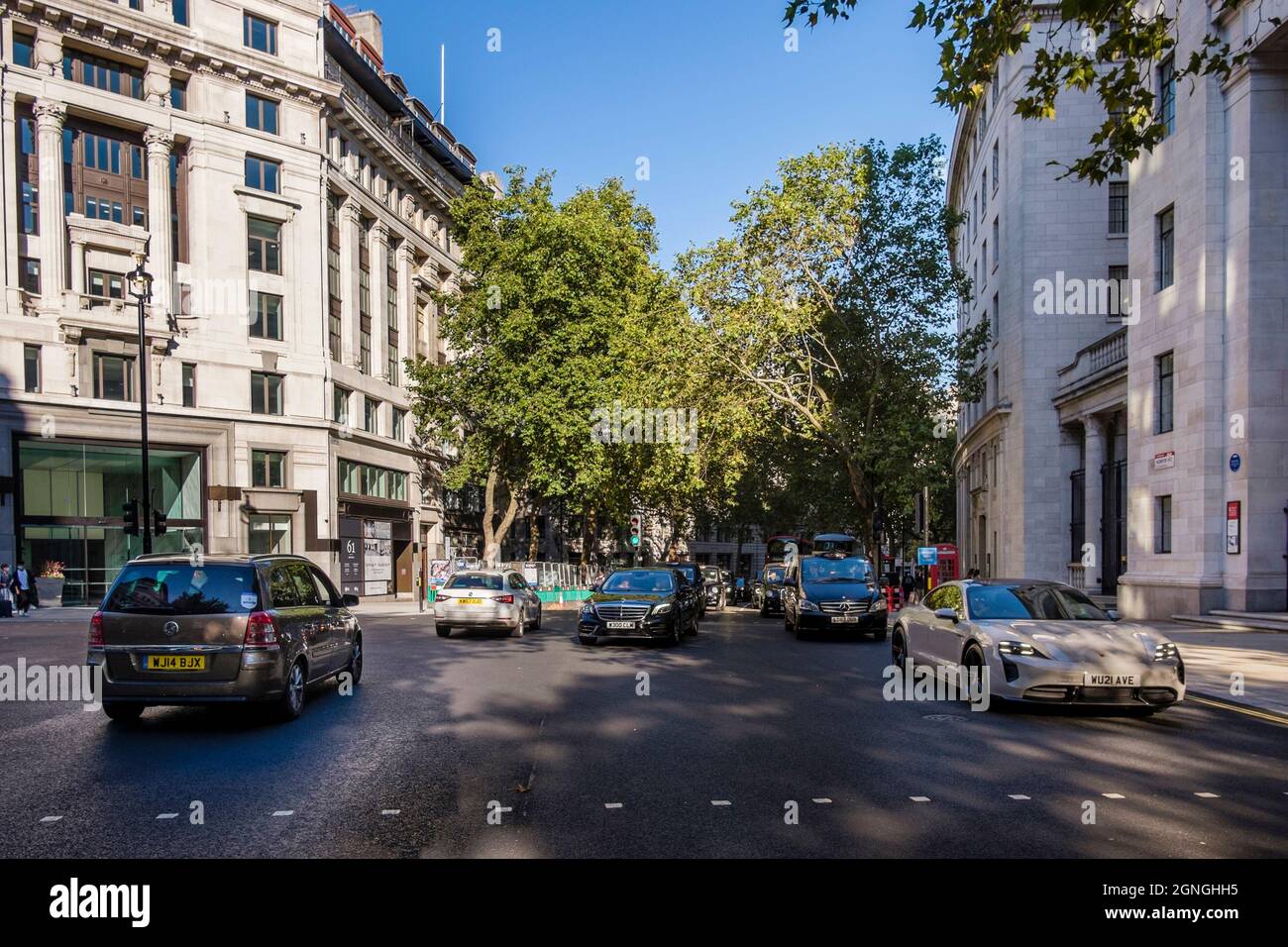 Aldwych two-way traffic flow system introduced in August 2021 as part of Westminster Council's Strand pedestrianisation project. London UK. Stock Photo