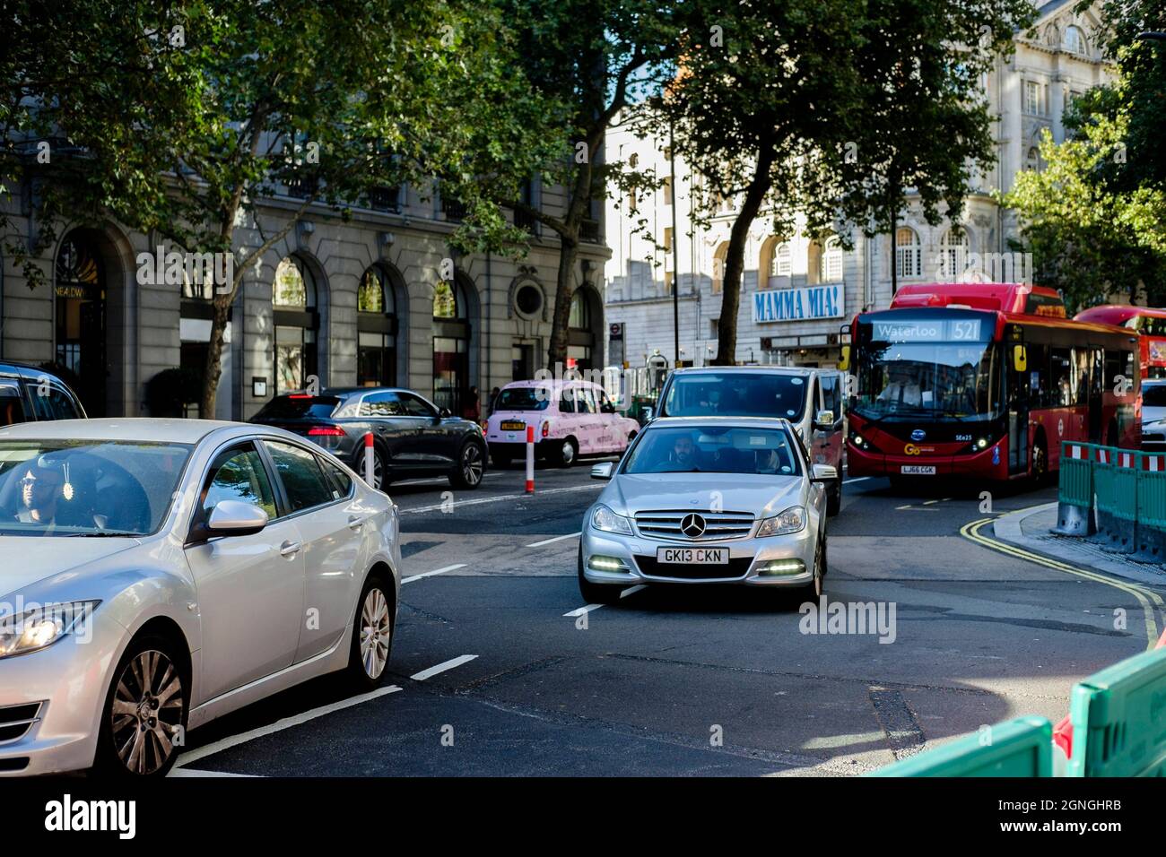 Aldwych two-way traffic flow system introduced in August 2021 as part of Westminster Council's Strand pedestrianisation project. London UK. Stock Photo