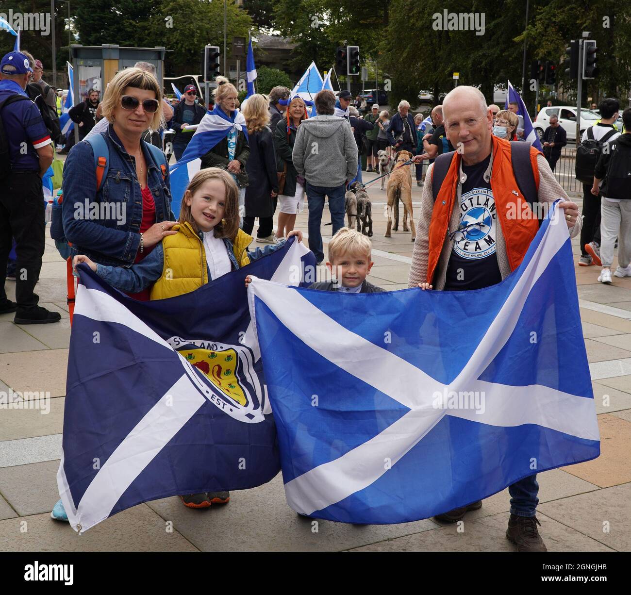 Scottish Parliament, Holyrood, Edinburgh, Scotland, 25th of Sep 2021: 5000’s independence supporters marched on Holyrood the Scottish Parliament, demanding the Scottish government take action and move forward with a second independence referendum. This march was organised by the group - All Under One Banner. A rally was held once at the Scottish parliament which seen many speakers, including Alba MP Neale Hanvey and SNP MP Douglas Chapman. Credit: Stable Air Media/Alamy Live News Stock Photo