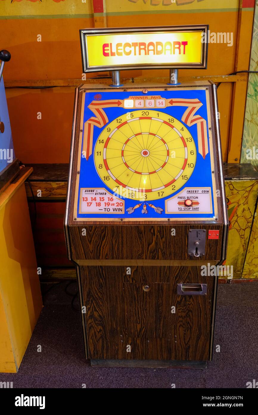 Vintage coinoperated Electradart arcade slot machine on display at