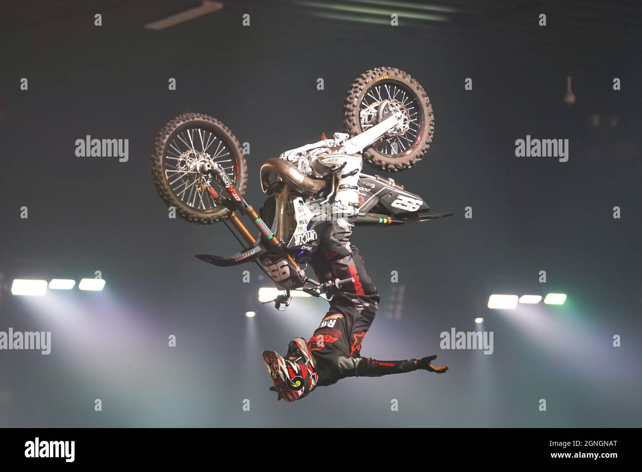 Basel, Switzerland. 25th Sep, 2021. Edgar Torronteras (Team Spain) backflip jump during the NIGHT of the JUMPs (Freestyle of Nations) FMX motorcross event at St. Jakobshalle in Basel, Switzerland. Credit: SPP Sport Press Photo. /Alamy Live News Stock Photo