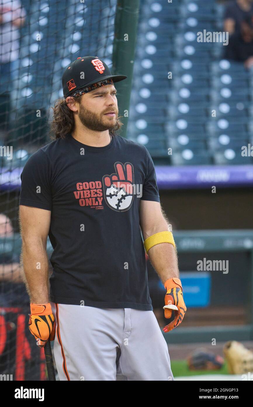 Denver CO, USA. 24th Sep, 2021. San Francisco shortstop Brandon Crawford  (35) during batting practice before the game with San Francisco Giants and  Colorado Rockies held at Coors Field in Denver Co.