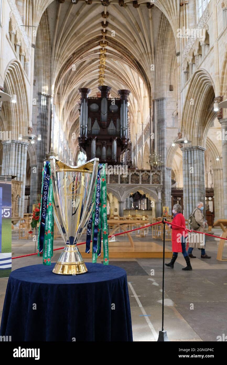 Exeter, UK - November 2020: 2019–20 European Rugby Champions Cup (known as the Heineken Champions Cup) trophy, won by the Exeter Chiefs Stock Photo