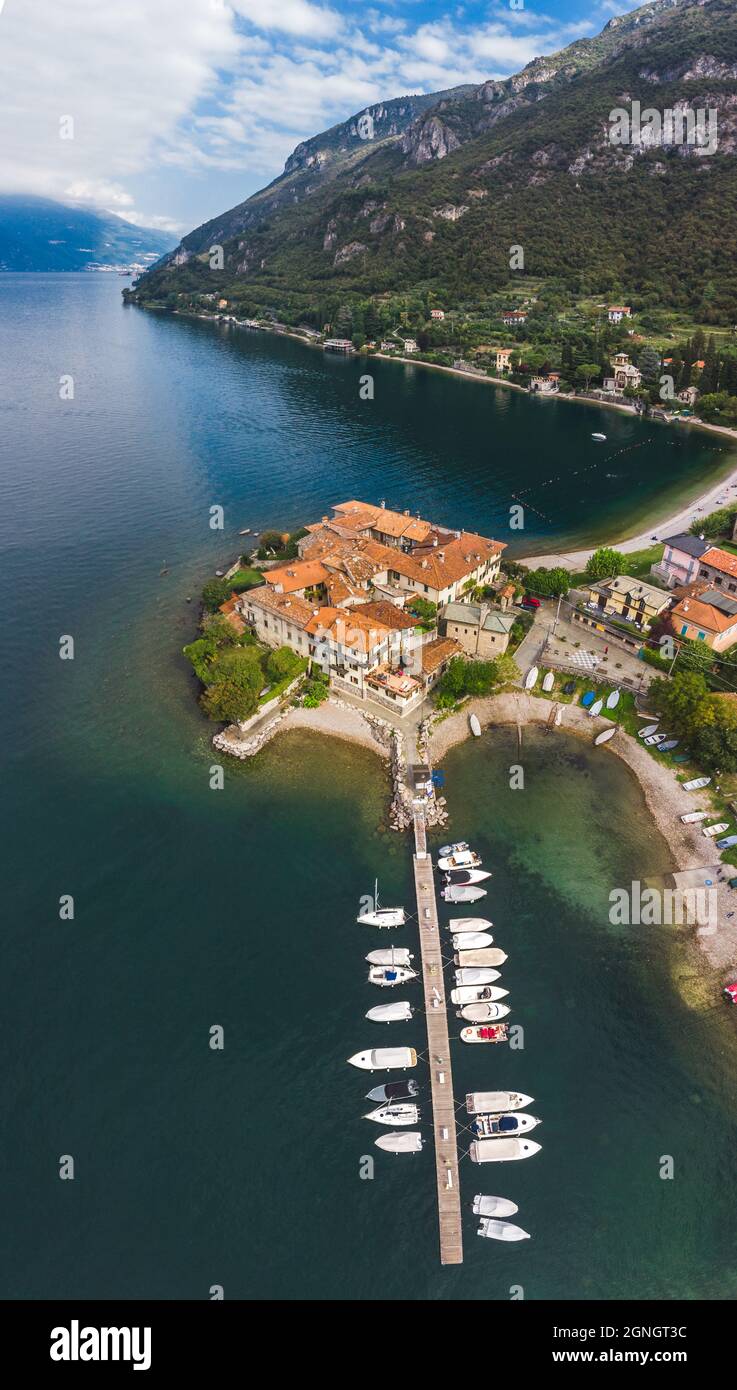 Aerial vertical panoramic view of the Castle in the ancient village, Lierna, Lake Como  Stock Photo
