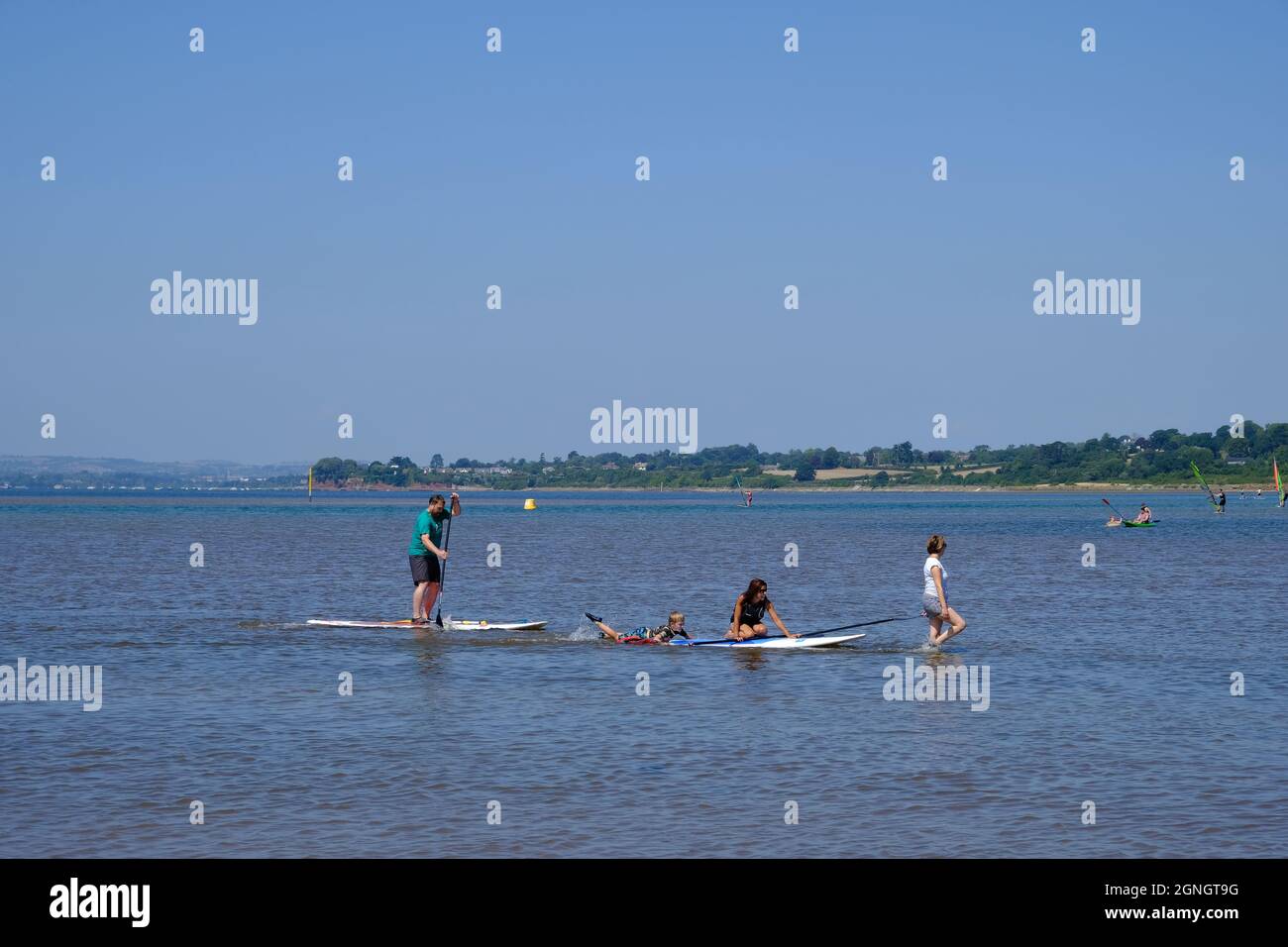 Exmouth, UK- August 2018 - A caucasian family play in the water at Exmouth estuary, doing stand up paddleboard Stock Photo