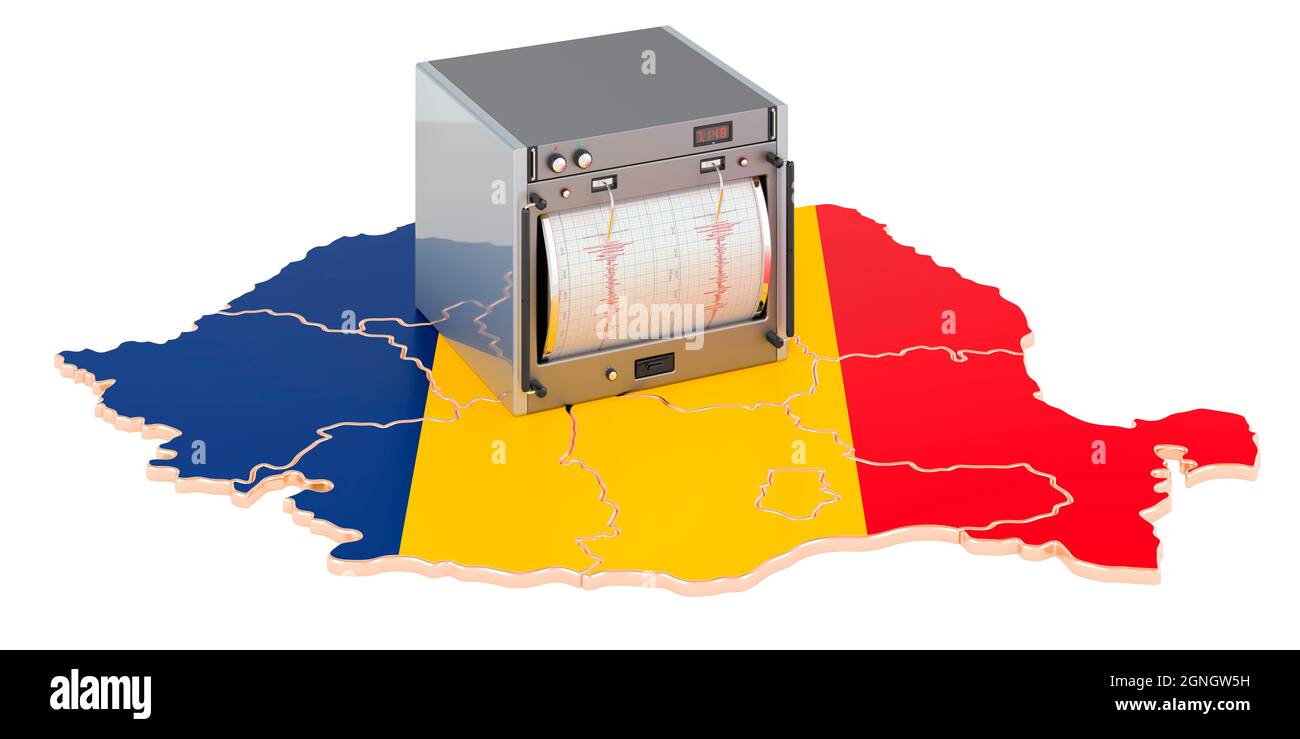 Earthquake in Romania, concept. Seismograph on the Romanian map. 3D
