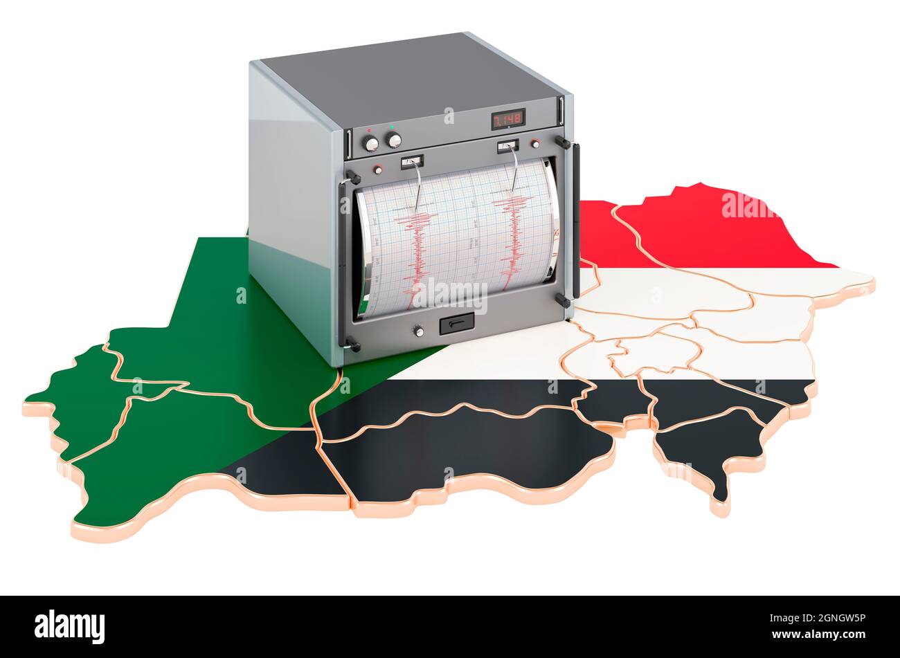 Earthquake in Sudan, concept. Seismograph on the Sudanese map. 3D
