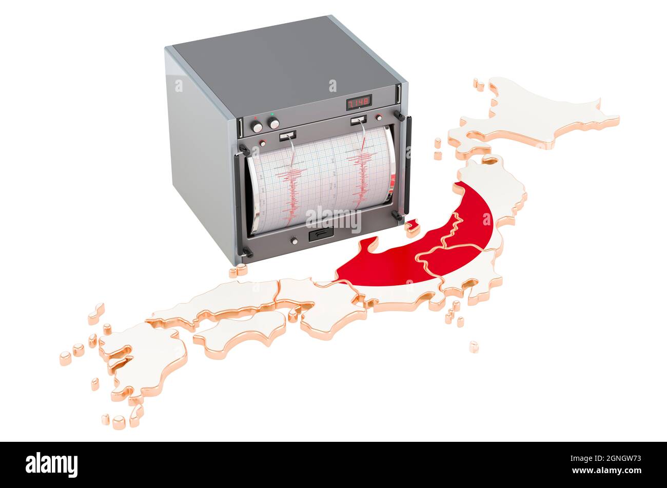 Earthquake in Japan, concept. Seismograph on the Japanese map. 3D rendering isolated on white background Stock Photo