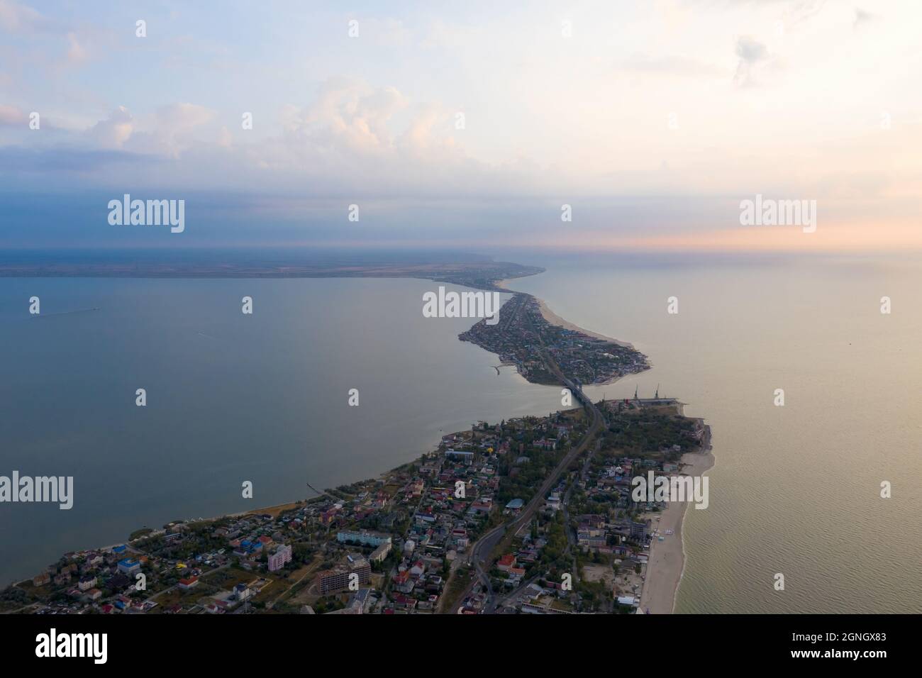 Early autumn dawn. Top view, aerial view, drone, quadcopter. Delta of the Dniester, the junction of the Dniester estuary with the Black Sea, Bottlenec Stock Photo
