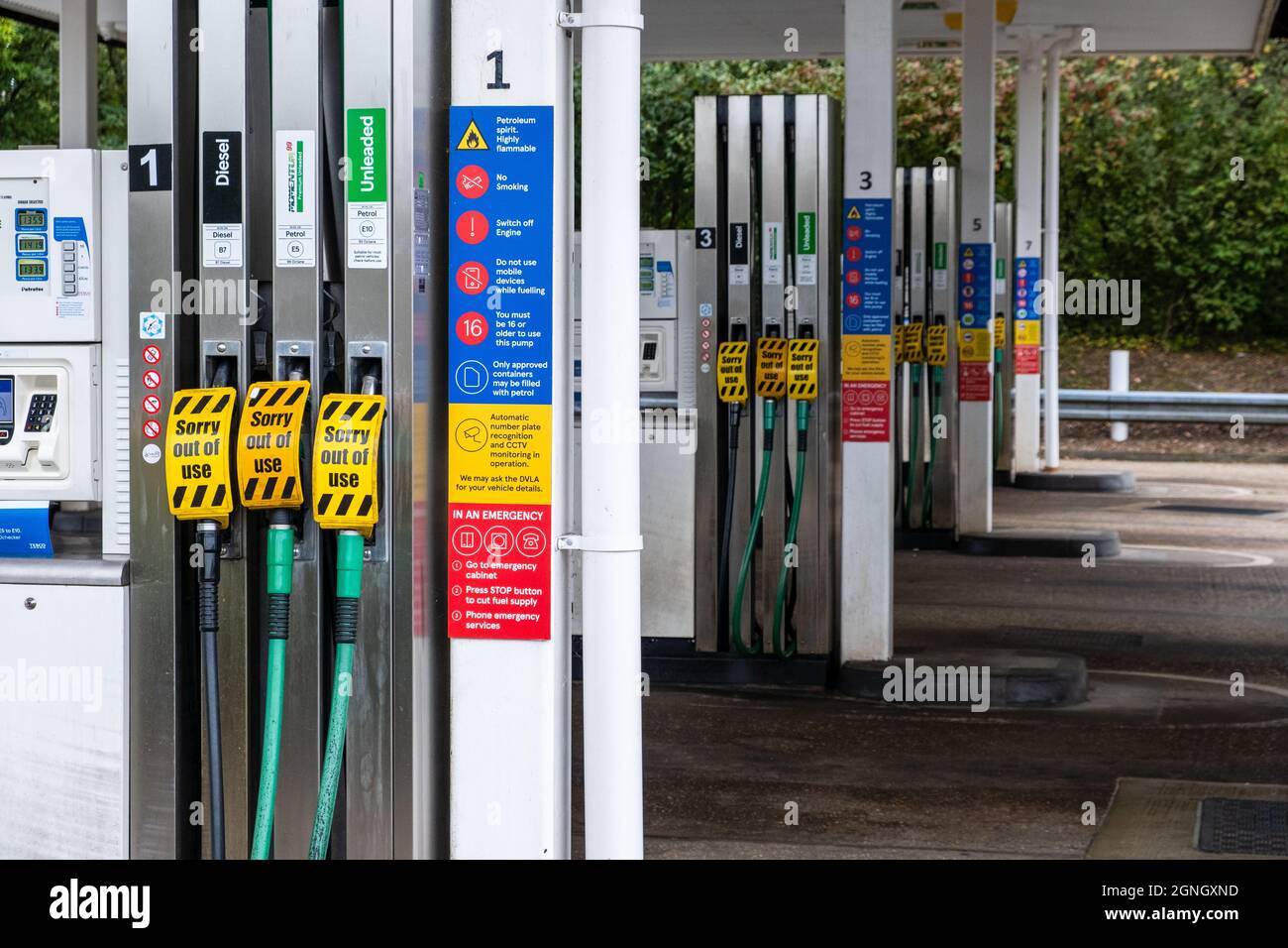 Empty fuel pumps at Tesco's fuel garage at Chineham near Basingstoke in Hampshire in the UK. 2021 Stock Photo