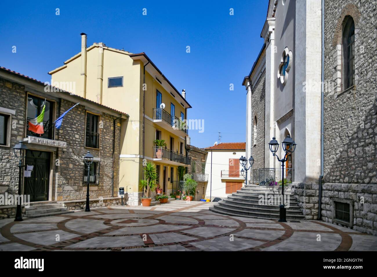 A square with a of Monteroduni, a medieval town of Molise region, Italy. Stock Photo