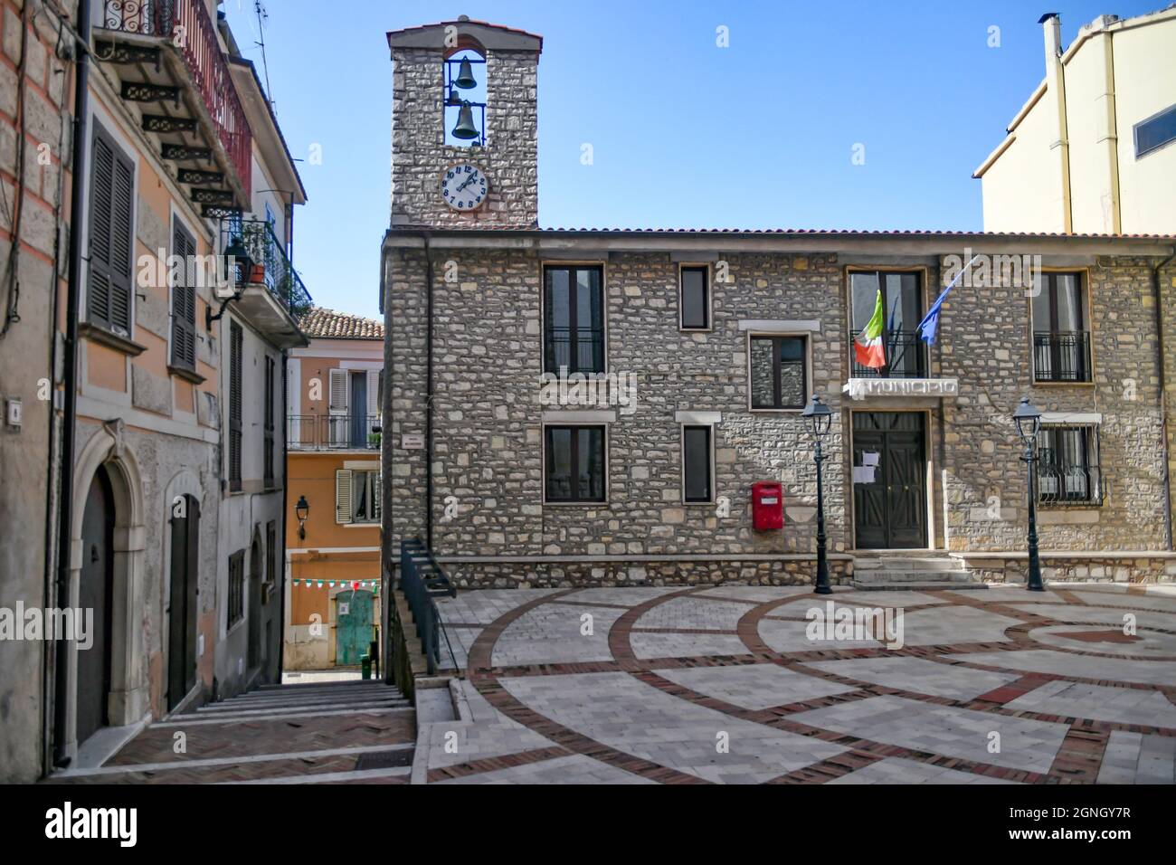 A square with a of Monteroduni, a medieval town of Molise region, Italy. Stock Photo