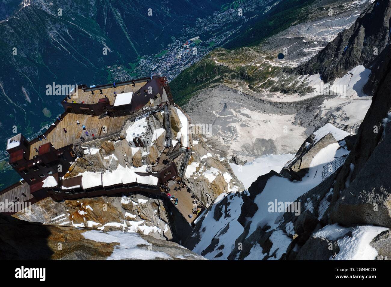 Aiguille du Midi peak and roof of cable car station seen from Skywalk platform, Mont Blanc