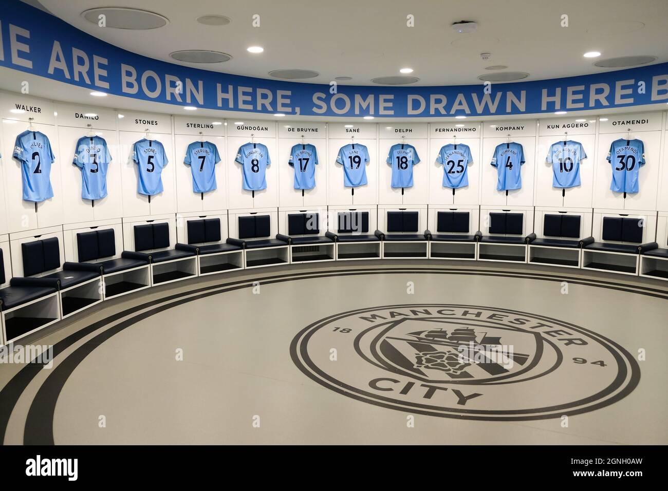 Manchester, UK - October 2018: Inside the Home Team changing rooms at Etihad Stadium, home of English Premier League Manchester City Stock Photo
