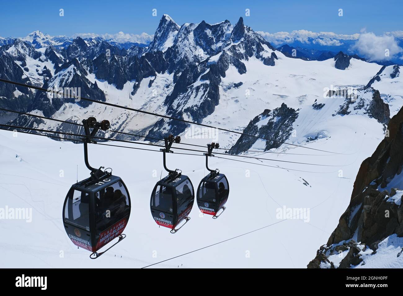 Chamonix, France July 10, 2021. Panoramic Mont Blanc cable car with route Aiguille du Midi