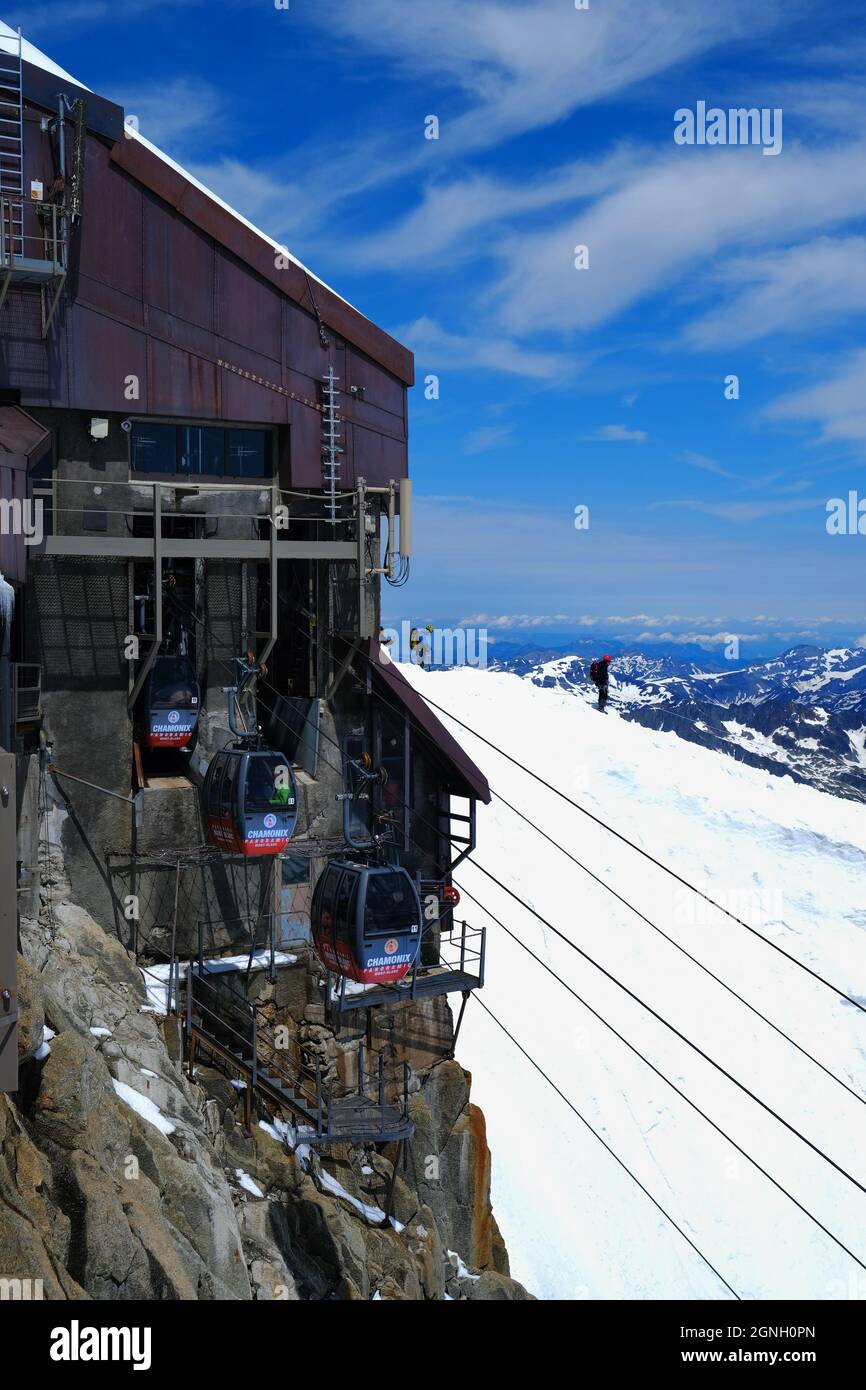 Chamonix, France July 10, 2021. Panoramic Mont Blanc cable car with route Aiguille du Midi