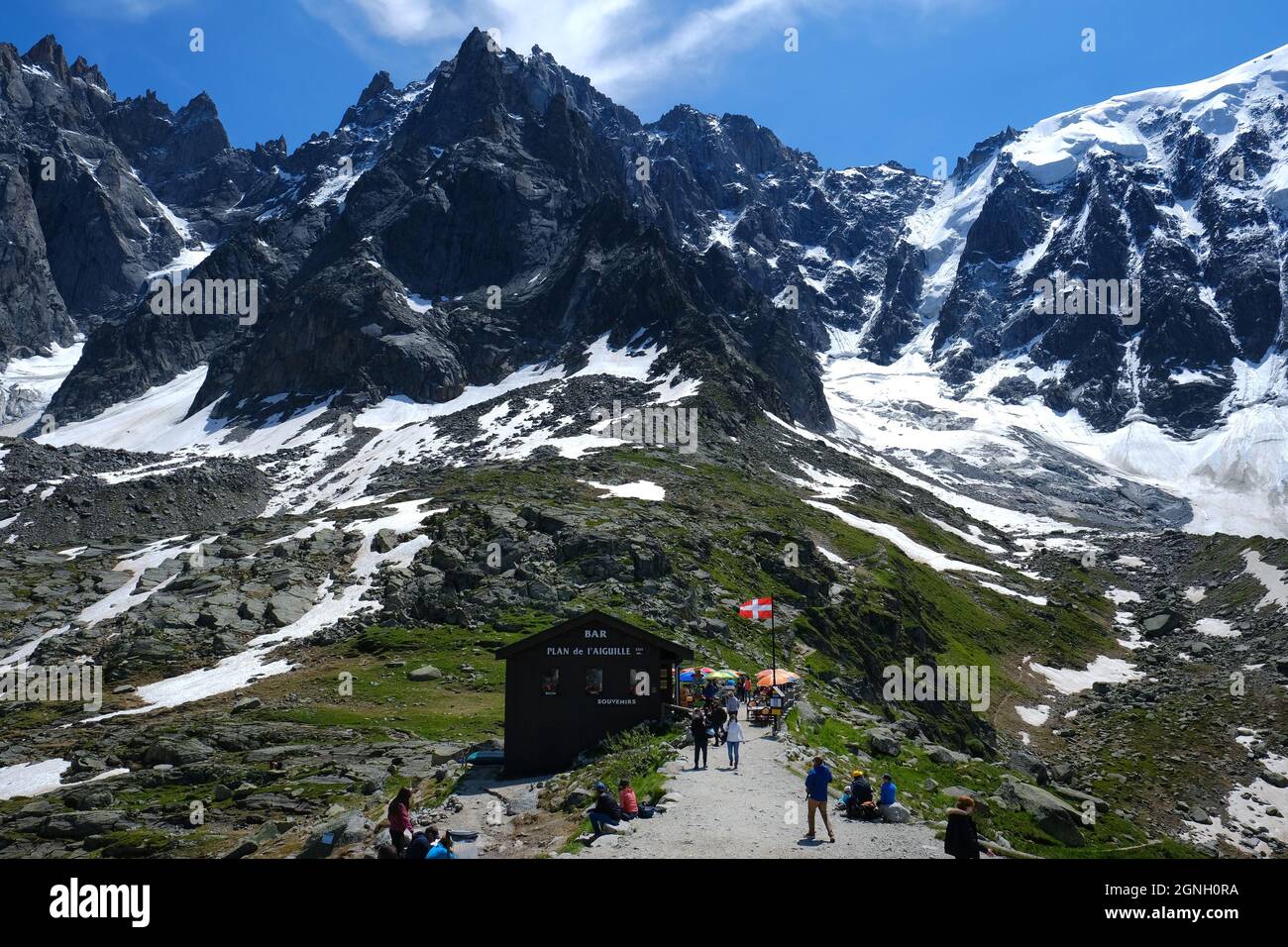 Chamonix, France - July 10, 2021. Landscape with the Chalet at Plan de l'Aiguille and amazing Aiguille du Midi summit, Chamonix, Mont Blanc Stock Photo